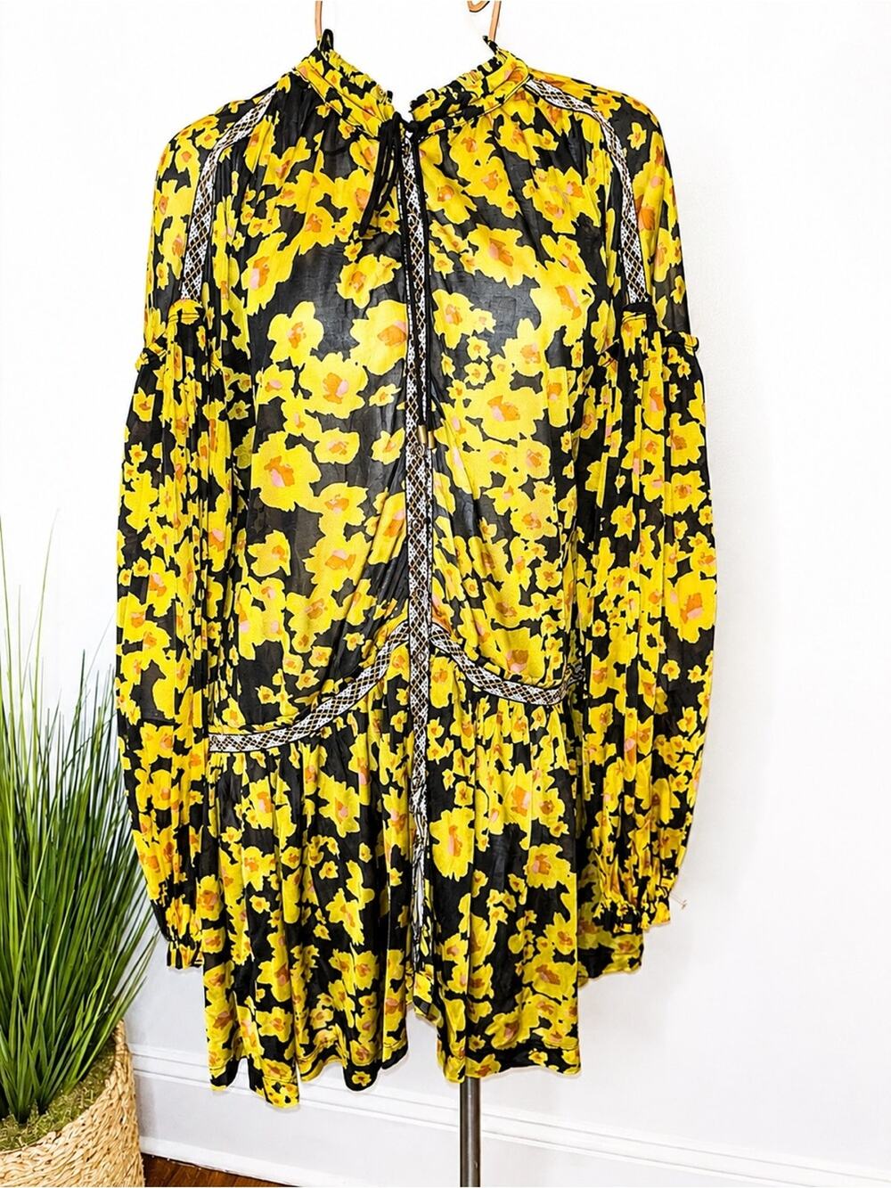 Free People Yellow Floral Long Sleeve Mini Dress Size Small Boho